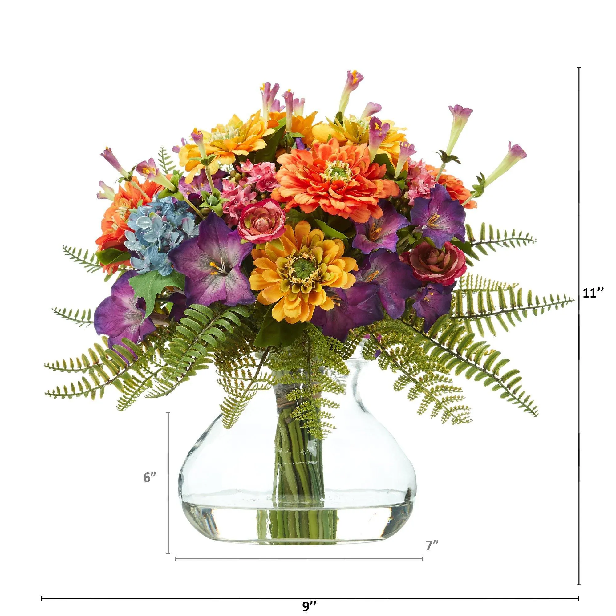 11” Mixed Flowers Artificial Arrangement in Glass Vase