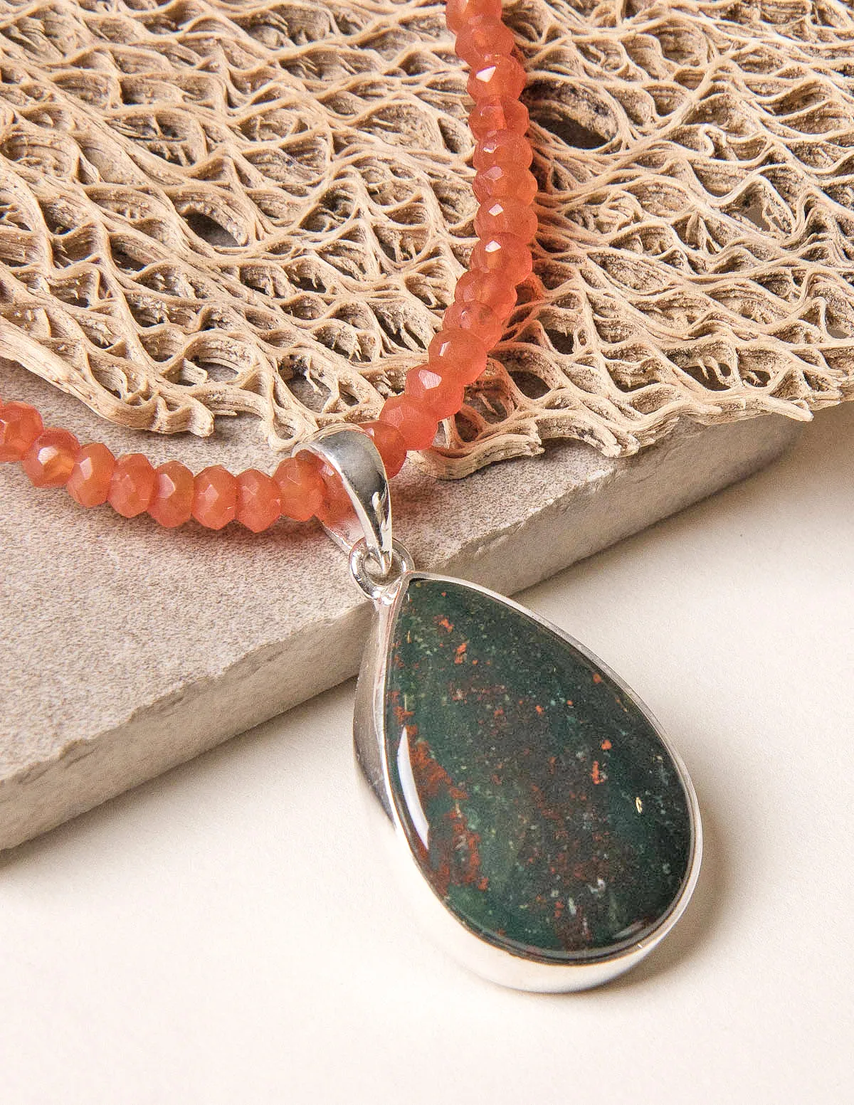 Bloodstone Pendant on Beaded Carnelian Necklace - One of a Kind