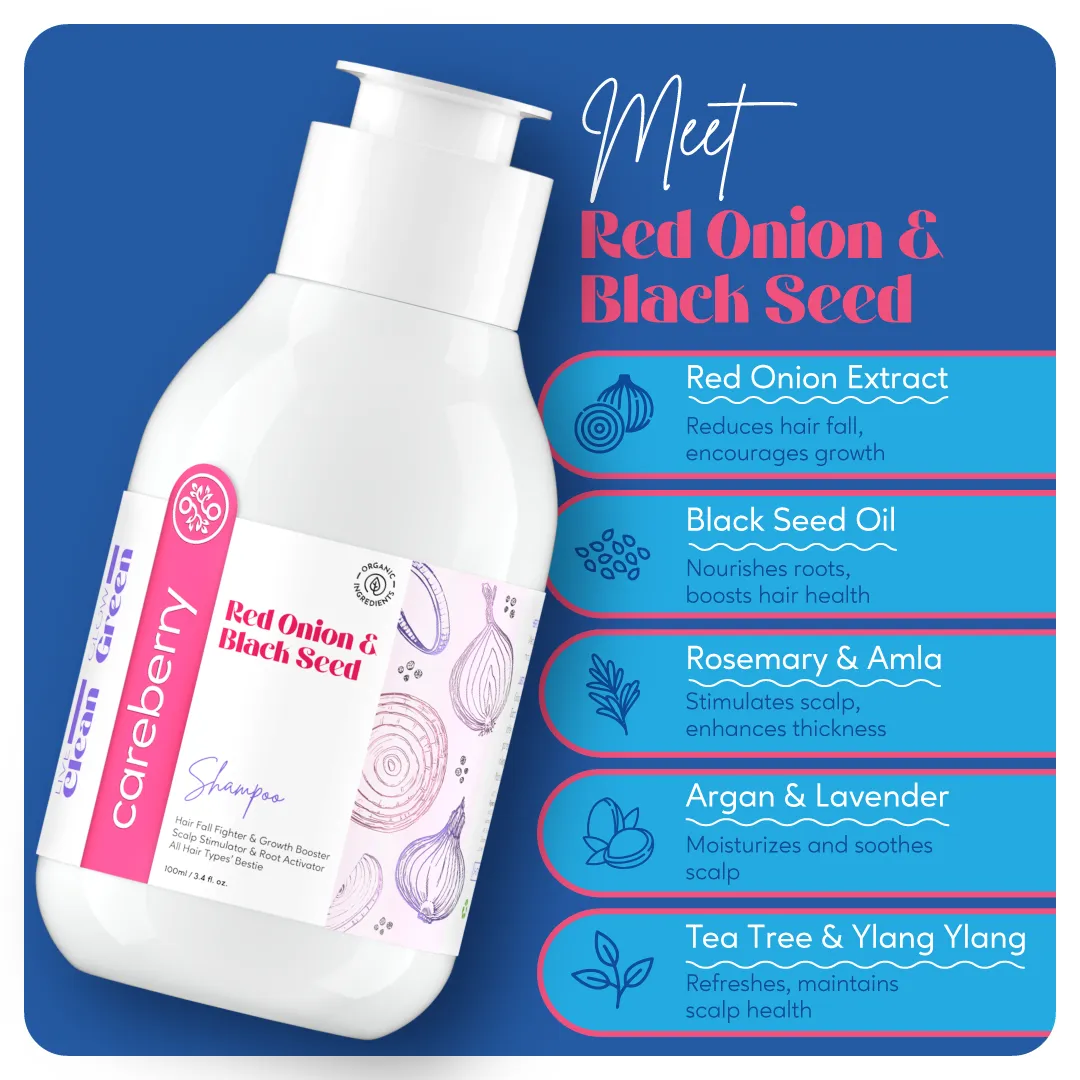 Careberry Red Onion & Black Seed Stimulating Shampoo, Ayush Certified Ayurvedic, Sulphate & Paraben Free 100 ML