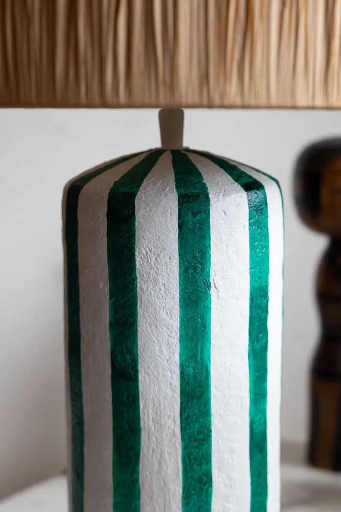 Deep Green & Off White Stripe Paper Mache Table Lamp