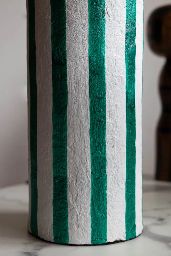 Deep Green & Off White Stripe Paper Mache Table Lamp