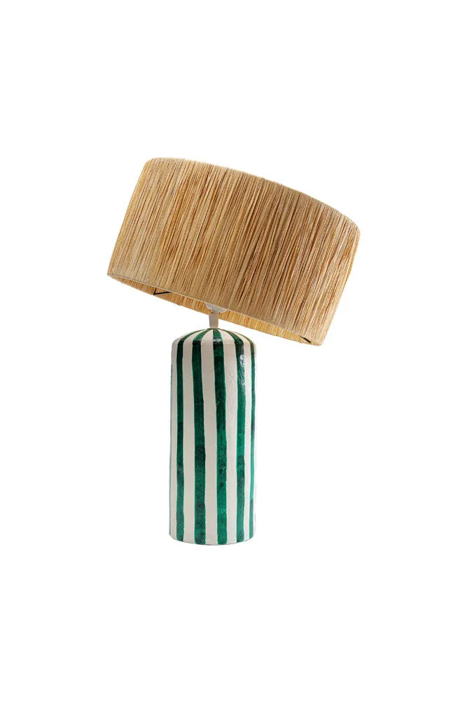 Deep Green & Off White Stripe Paper Mache Table Lamp