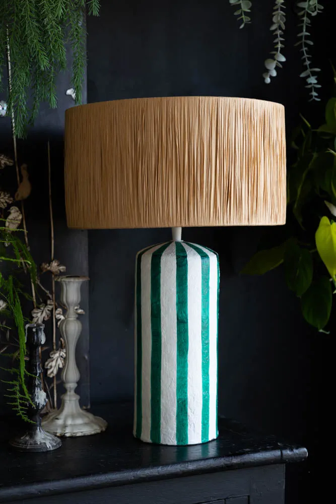 Deep Green & Off White Stripe Paper Mache Table Lamp