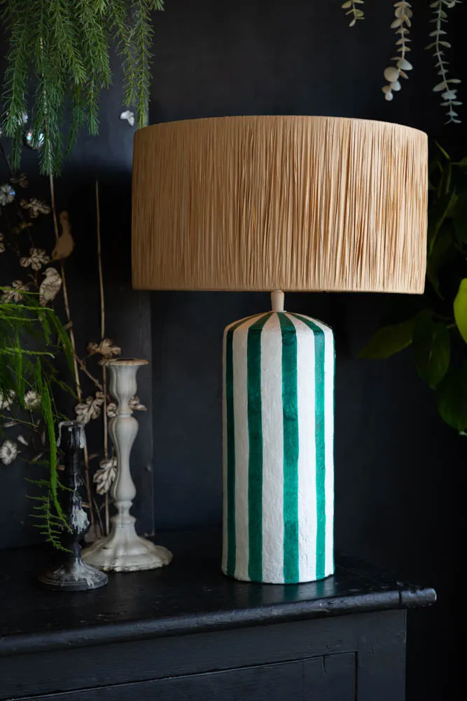 Deep Green & Off White Stripe Paper Mache Table Lamp