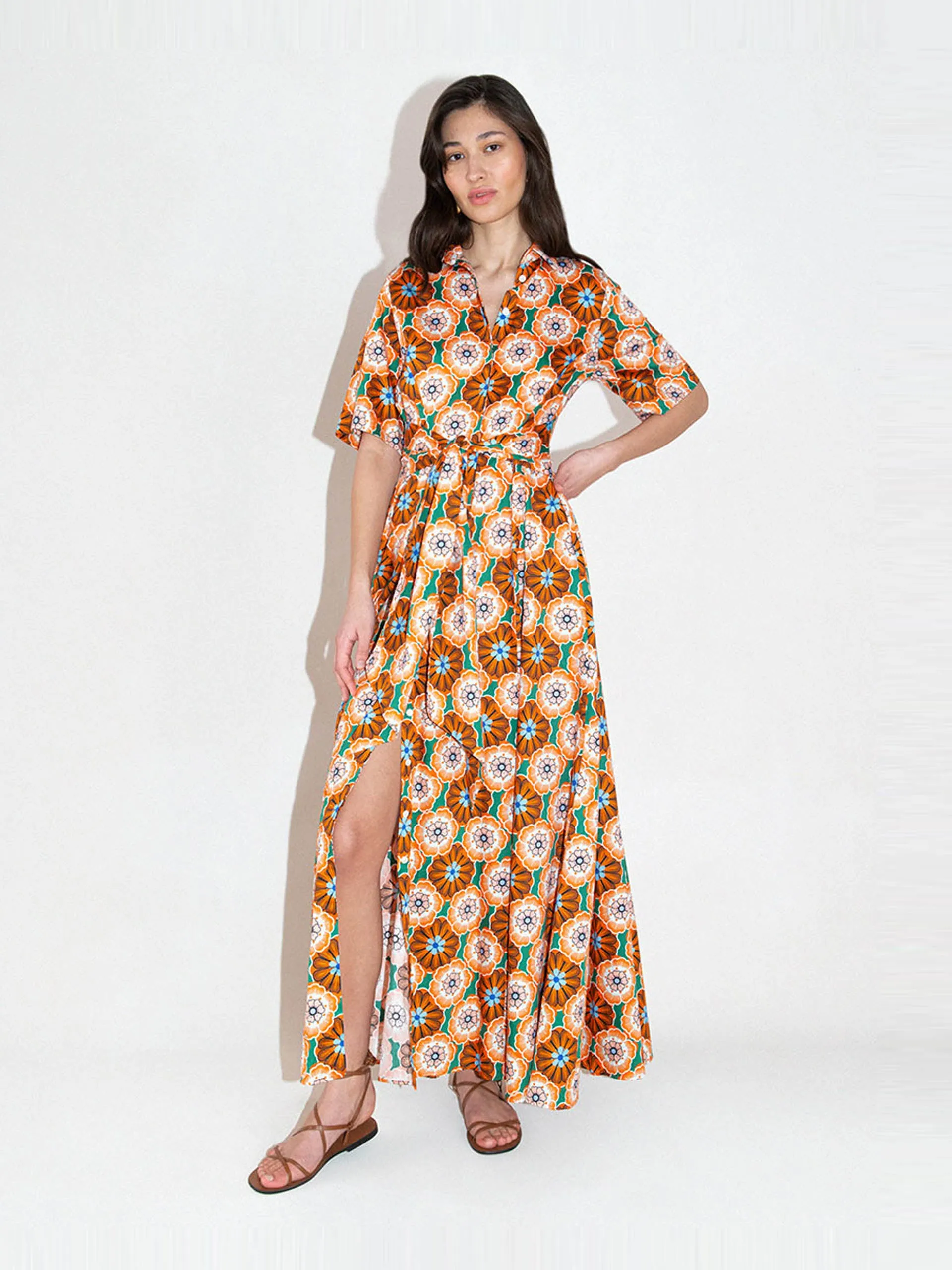 Flower pop orange Posie cotton maxi dress