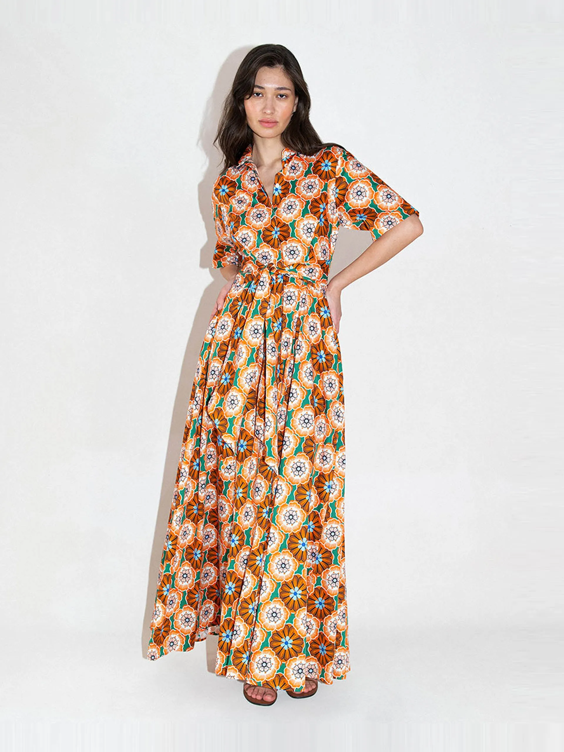 Flower pop orange Posie cotton maxi dress