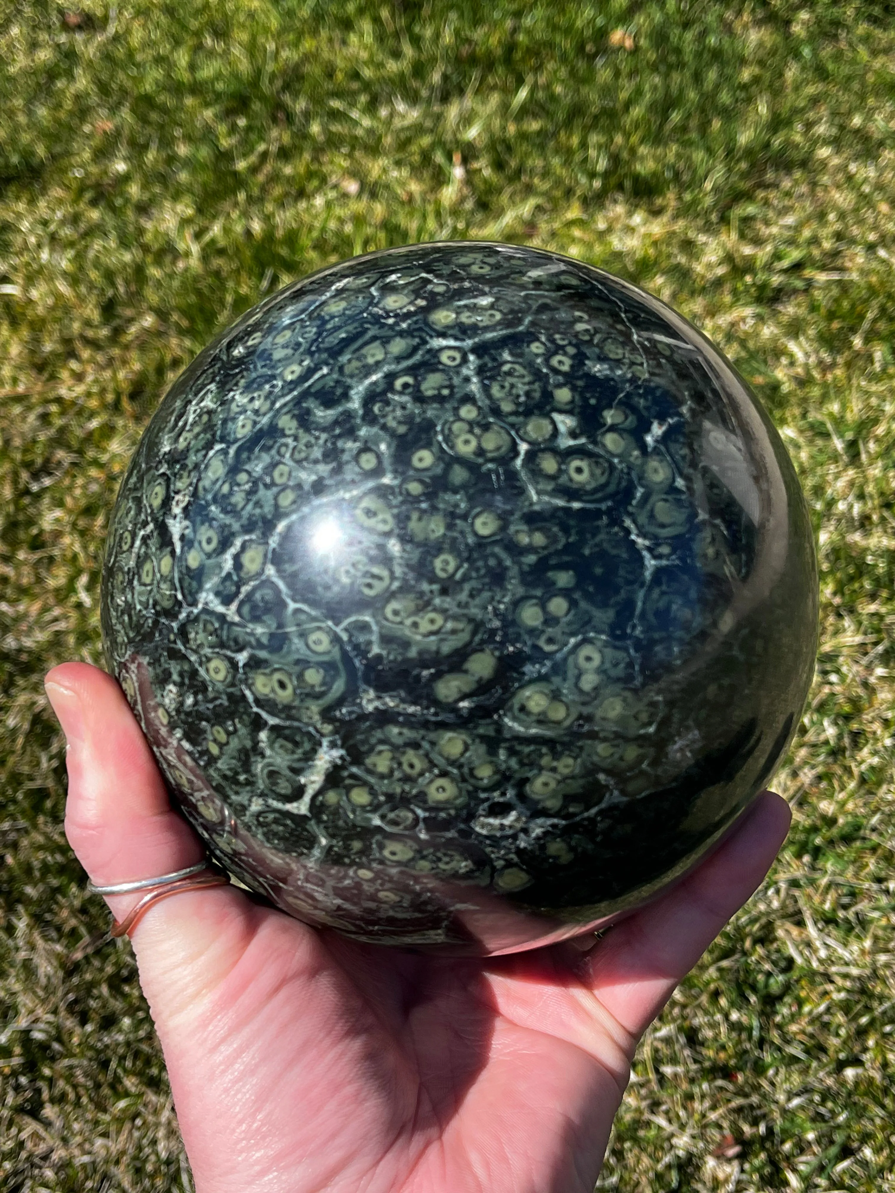 Huge Kambaba Jasper Sphere, with spinning stand!