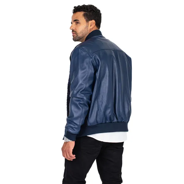 Kashani Navy Blue Persian Lamb Leather Bomber Jacket