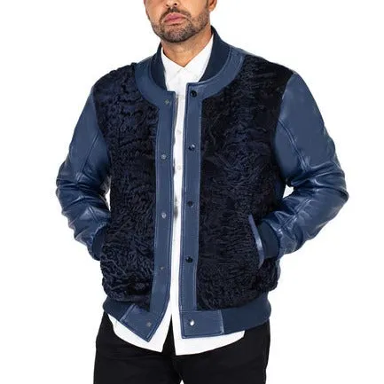 Kashani Navy Blue Persian Lamb Leather Bomber Jacket