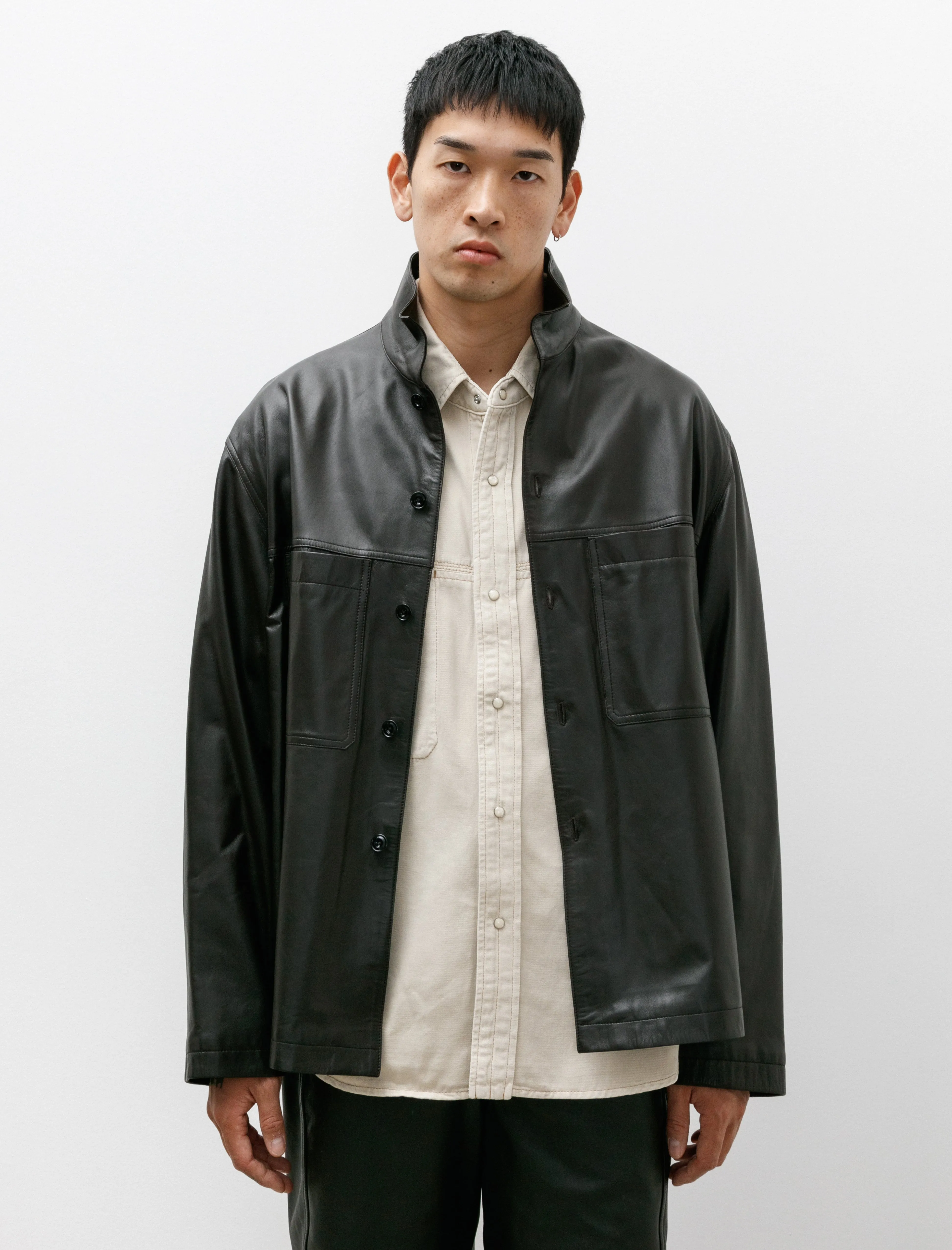 Leather Stand Collar Shirt Dark Espresso