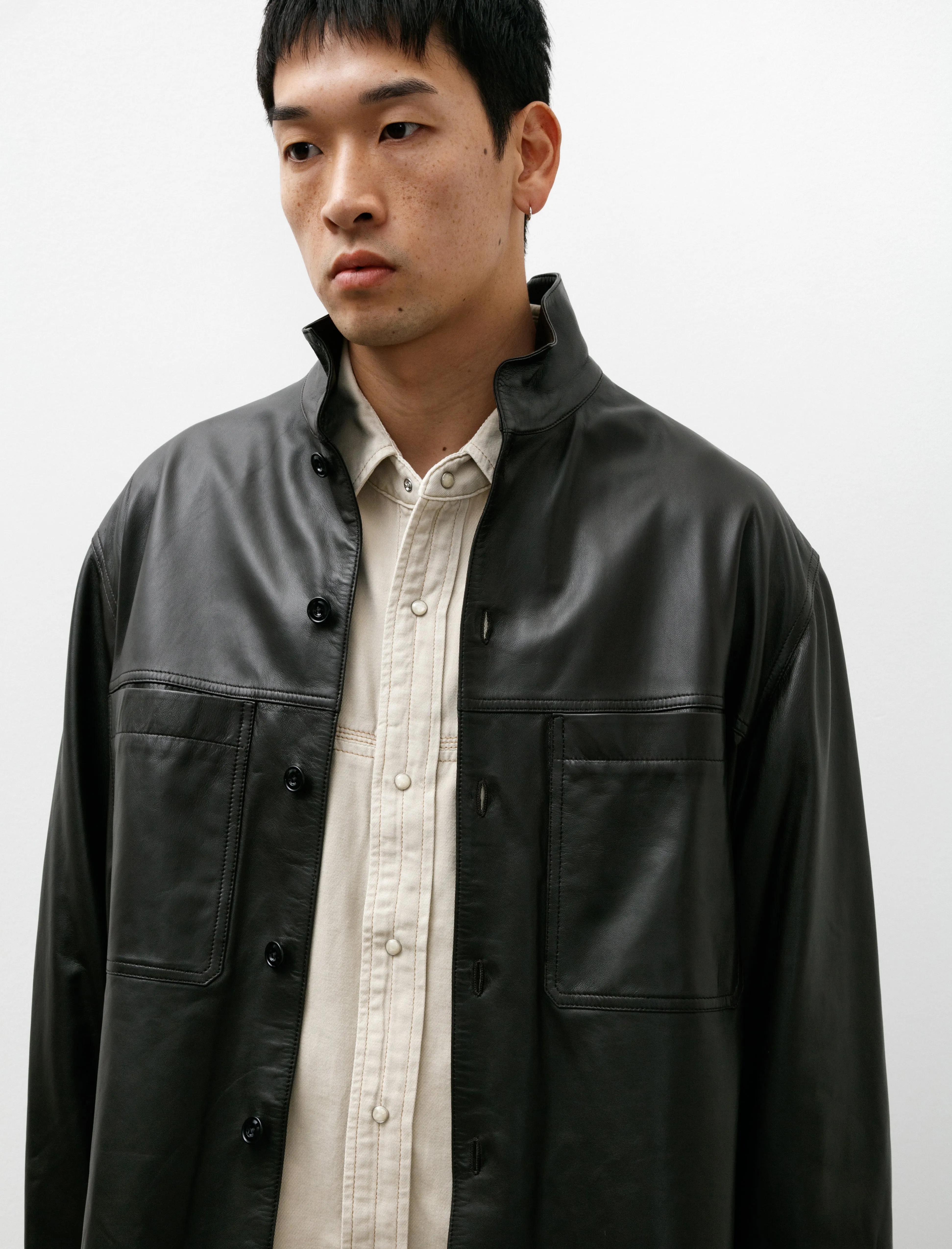 Leather Stand Collar Shirt Dark Espresso