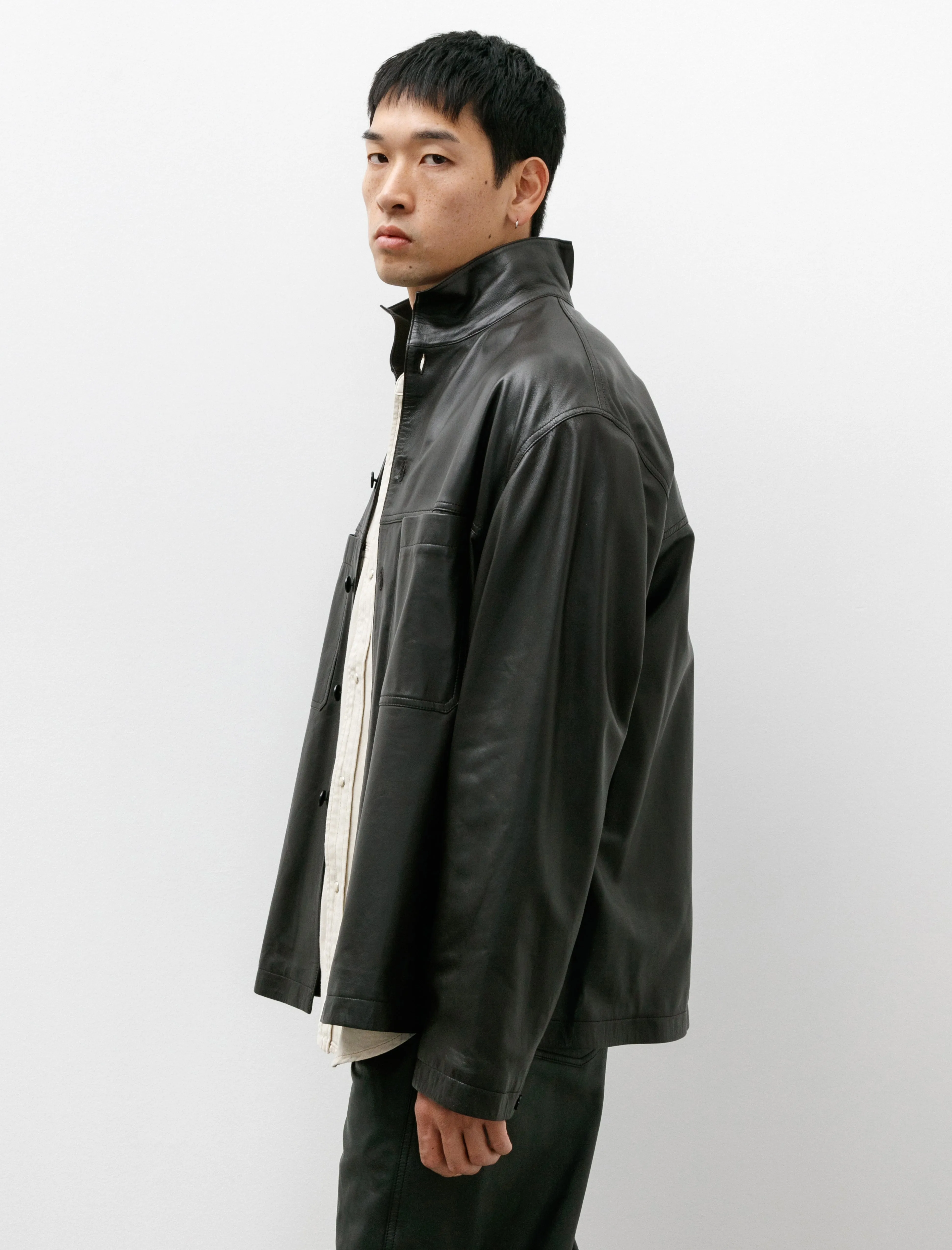 Leather Stand Collar Shirt Dark Espresso