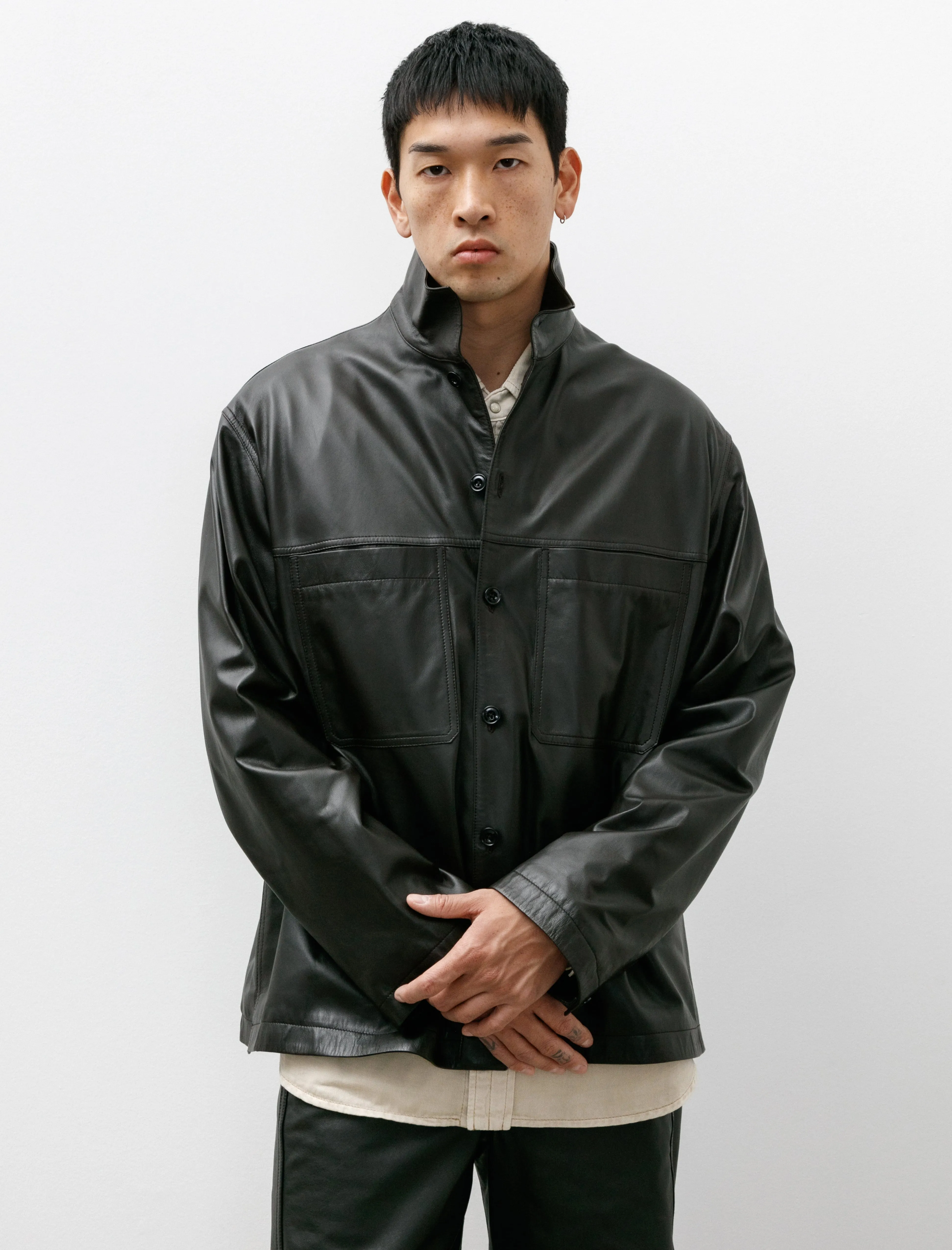 Leather Stand Collar Shirt Dark Espresso