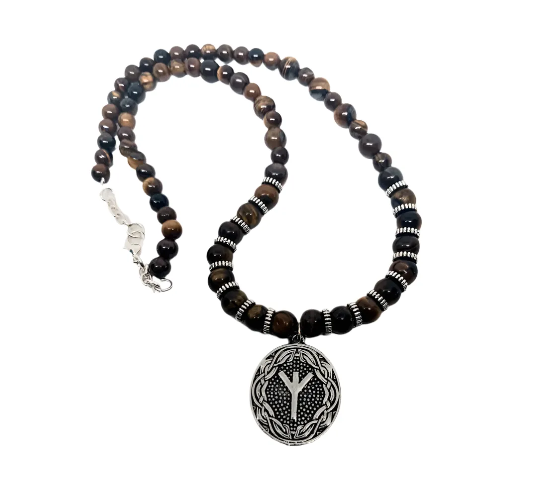 Norse Elder Futhark Algiz pendant Necklace with Tiger's Eye Crystal