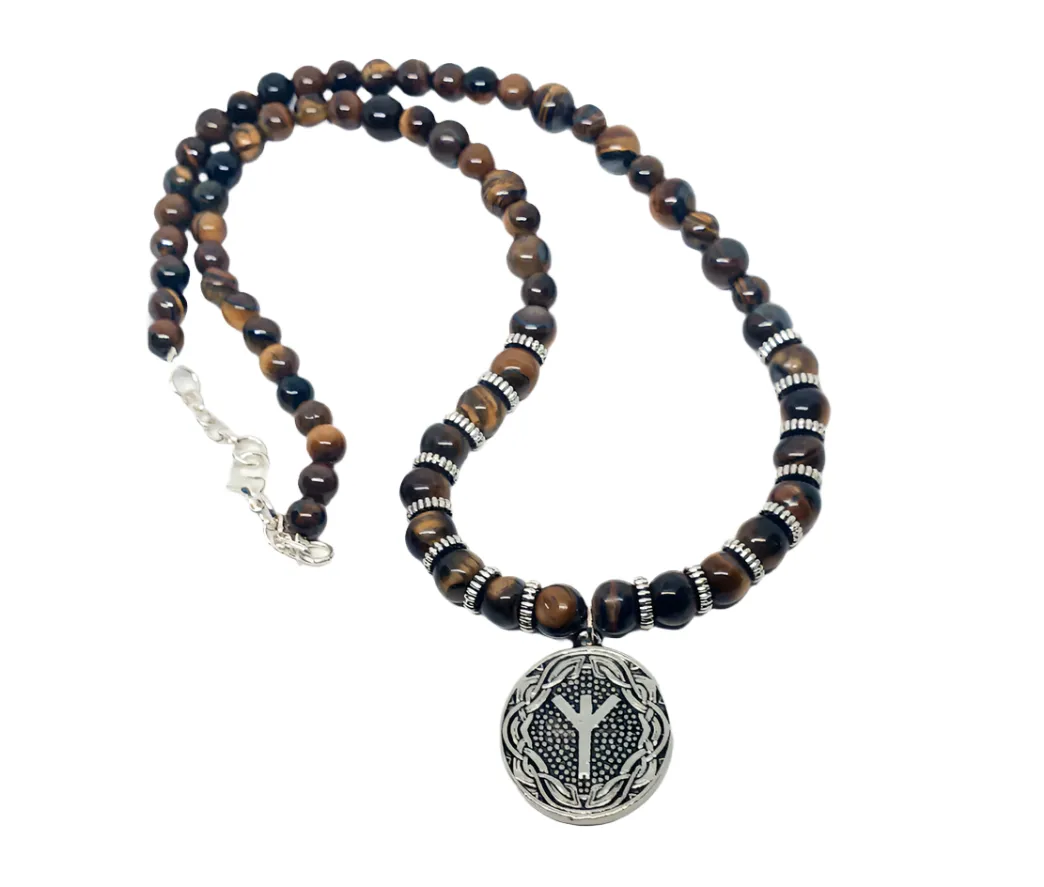 Norse Elder Futhark Algiz pendant Necklace with Tiger's Eye Crystal